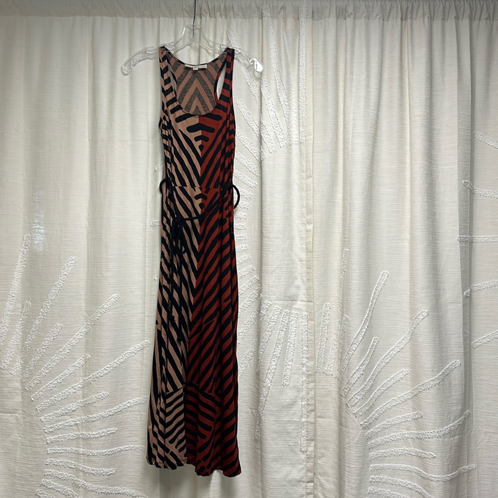 Loft size XSP Tan/Red/Black Stripe Halter Maxi Dress with rope tie waist